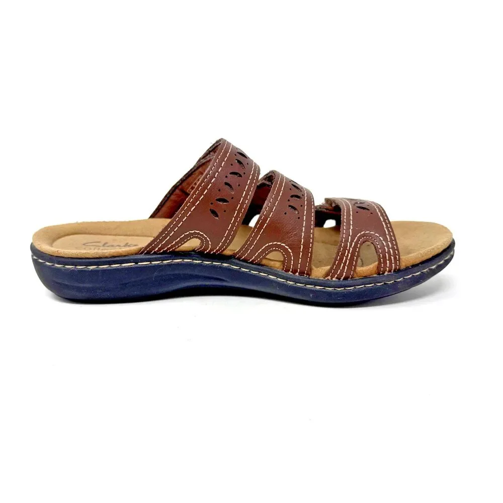Clarks Collection Laurieann Dee Leather Sandals Womens Sz 7 Strappy Low Wedge